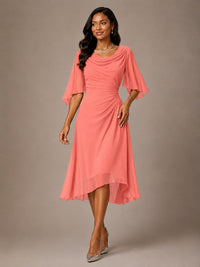 Cowl Neck Ruched Chiffon Mother of the Bride Dresses with Flutter Sleeves