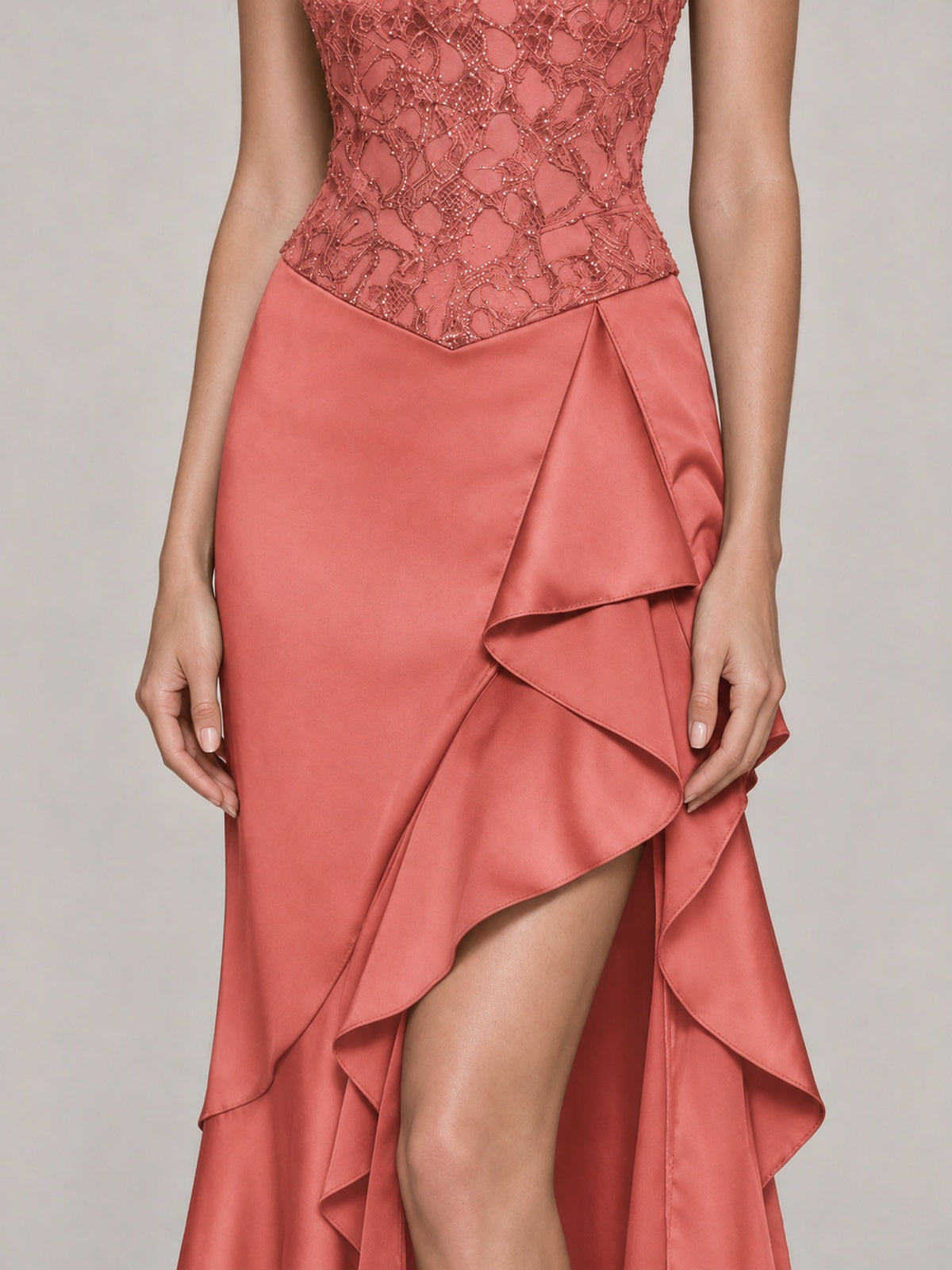 Strapless Lace Appliques Corset Satin Prom Dress Ruffle Slit Evening Gown