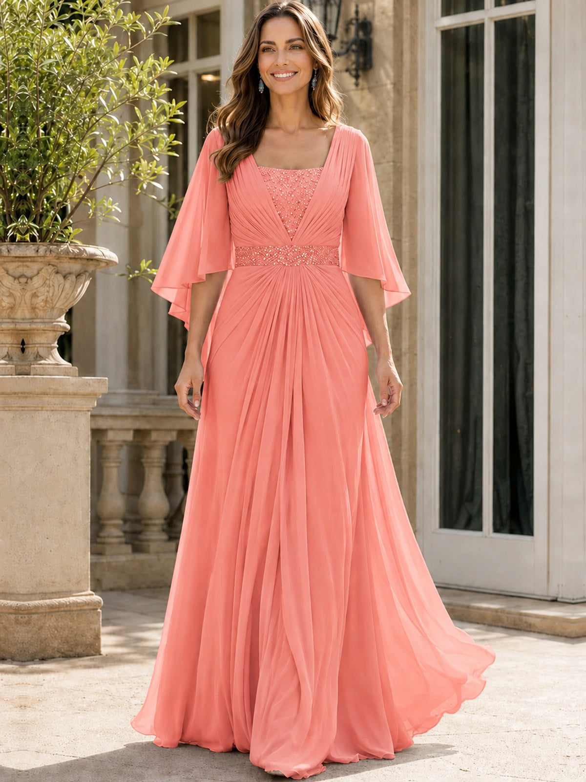 Elegant V-Neck Sequined Chiffon Mother of the Bride Dress with Flutter Sleeves