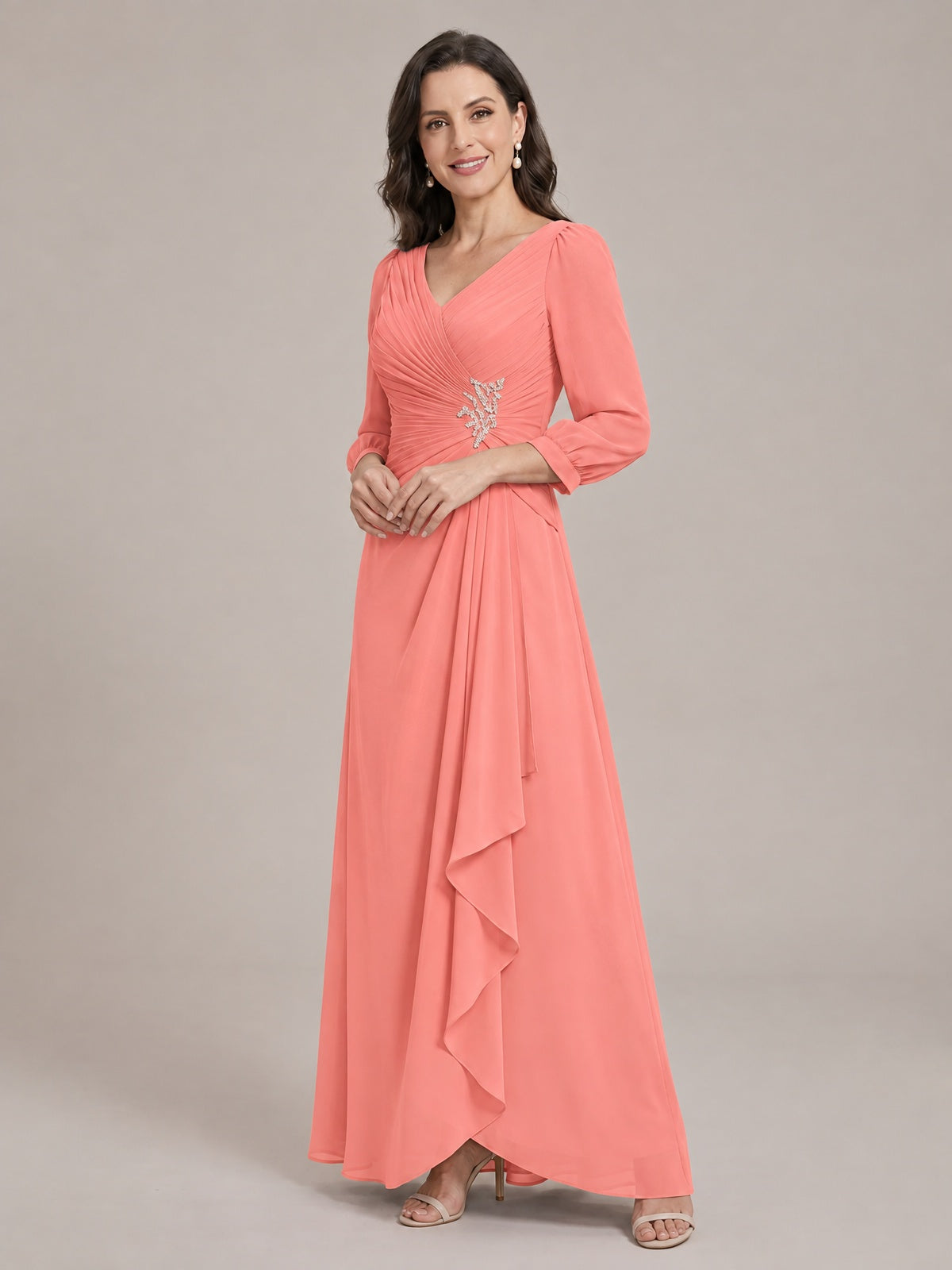 V-Neck Pleated Chiffon Mother of the Bride Dress with Flutter Sleeves
