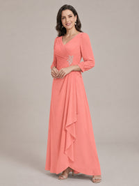 V-Neck Pleated Chiffon Mother of the Bride Dress with Flutter Sleeves