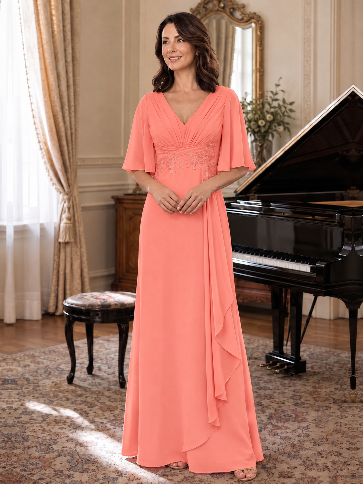 V-Neck Chiffon Lace Mother of the Bride Dresses