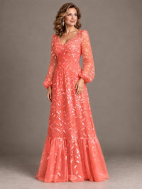 Floral Sequin Embroidered A-Line Mother of the Bride Dress with Long Sleeves