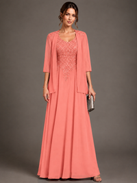 A-line 2 Pieces Chiffon Appliques Mother of The Bride Dresses with Jackets