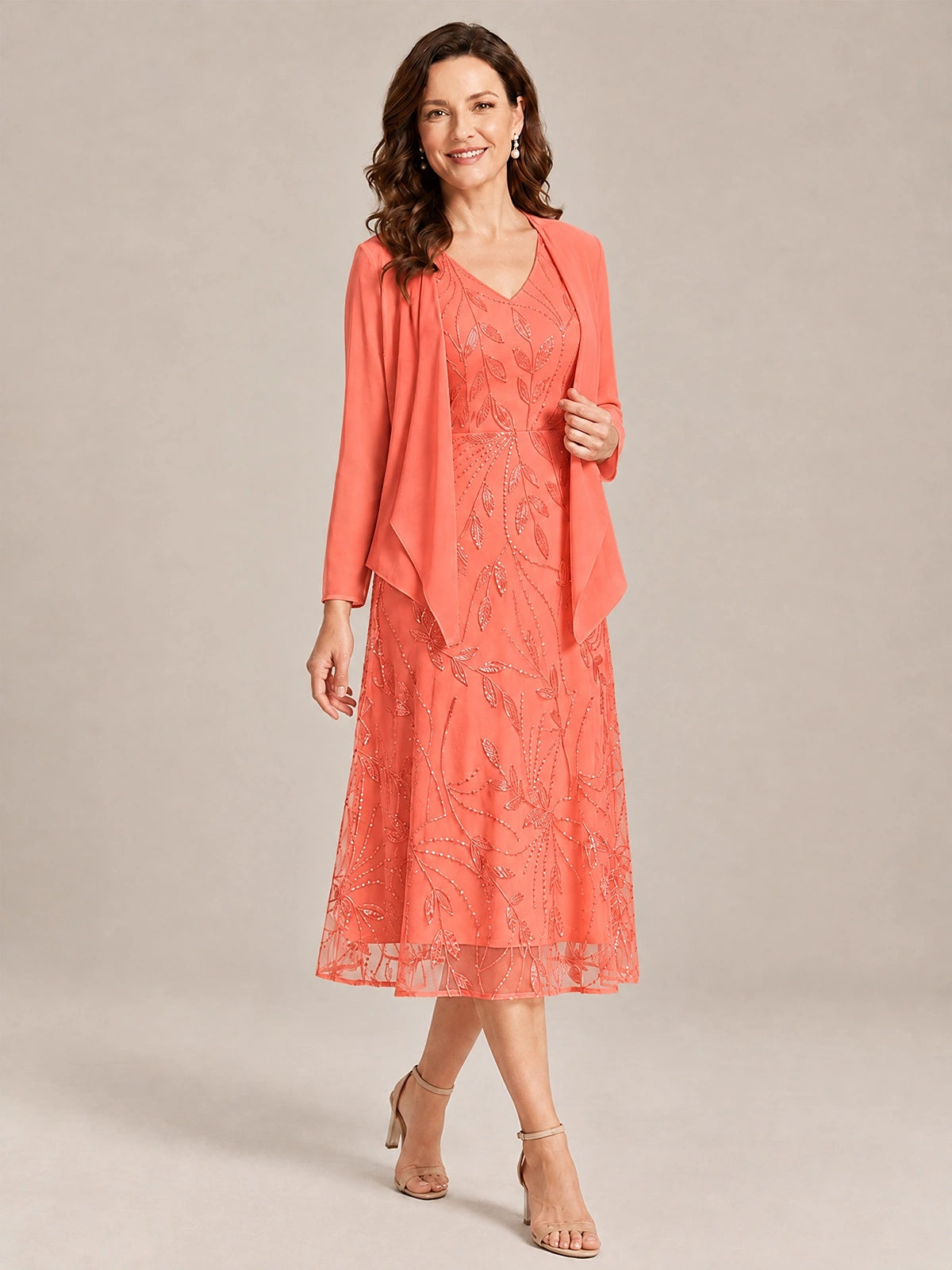 Tea Length Sequin Lace Mother of the Bride Dress with Chiffon Jacket