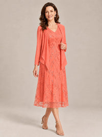 Tea Length Sequin Lace Mother of the Bride Dress with Chiffon Jacket