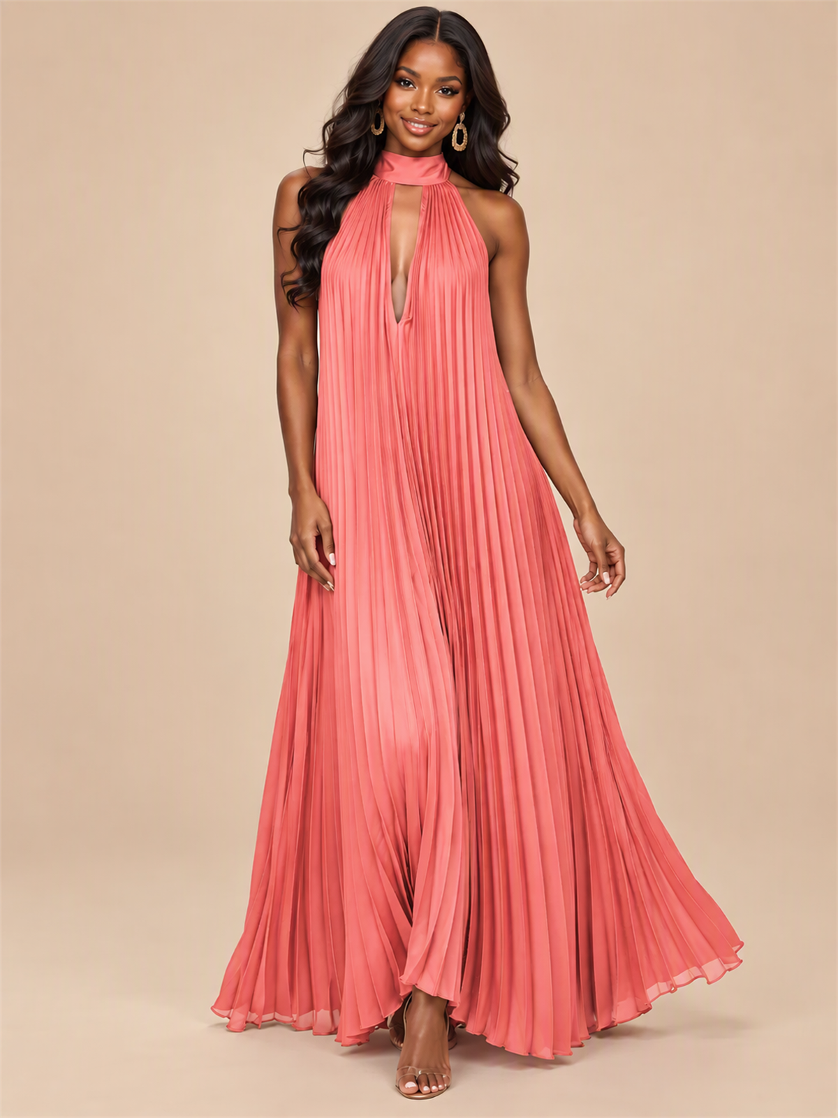 Rust Orange Pleated Halter Neck Maxi Dress