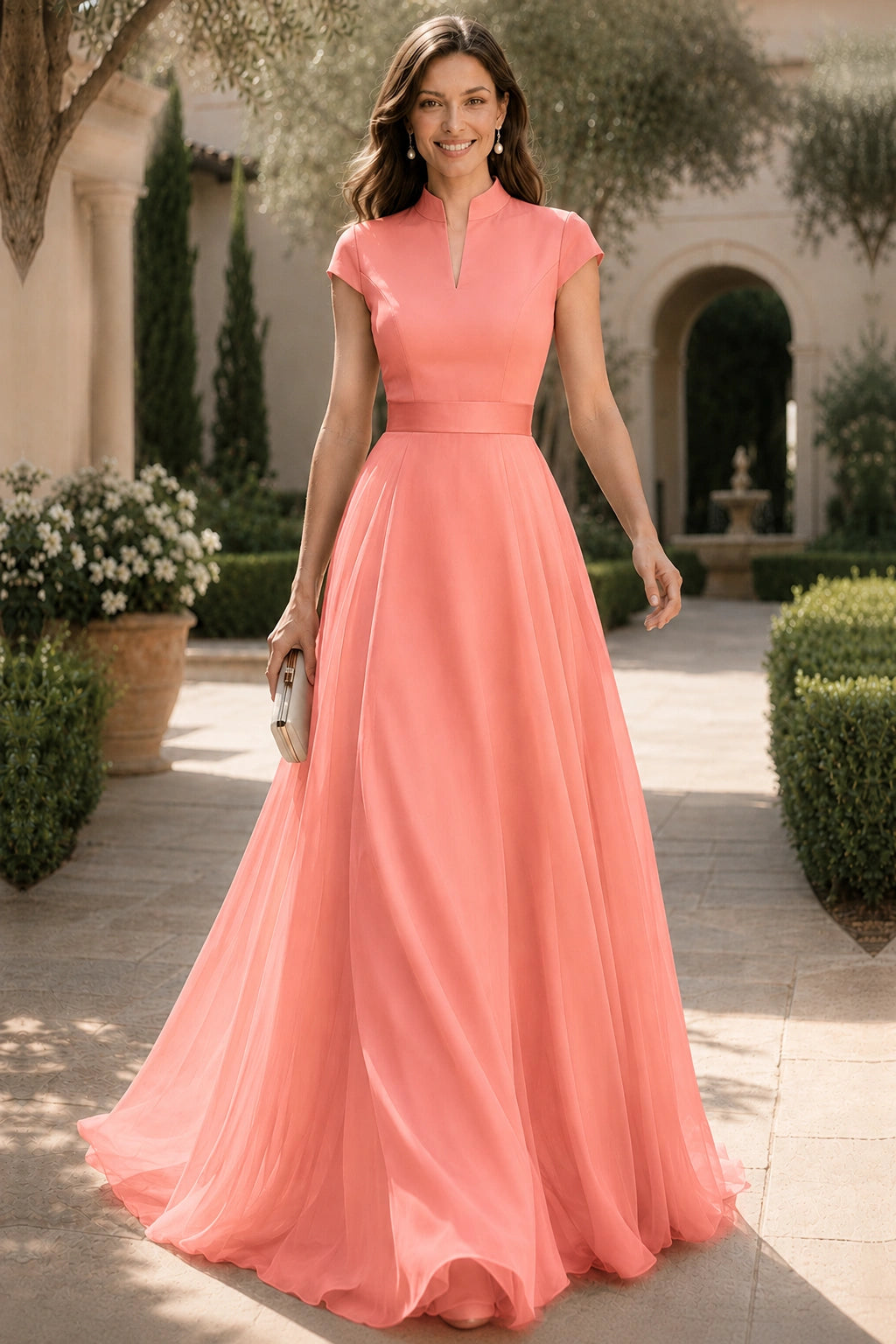 V Neck Cap Sleeve A-Line Floor-Length Satin Bridesmaid Dress