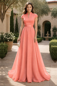 V Neck Cap Sleeve A-Line Floor-Length Satin Bridesmaid Dress