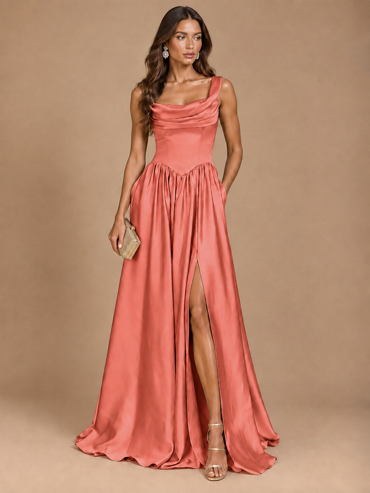 Cowl Neck Pleated Satin Prom Dress with Pockets & Slit Maxi Formal Gowns