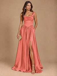 Cowl Neck Pleated Satin Prom Dress with Pockets & Slit Maxi Formal Gowns