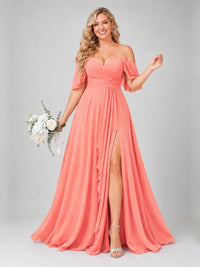 Off Shoulder Chiffon Bridesmaid Dress with Slit