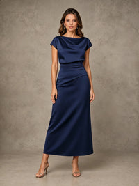 Cowl Neck Satin Mother of the Bride Dress with Ruched Waist
