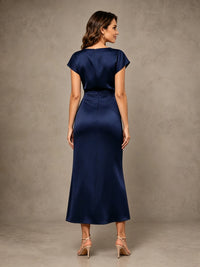 Cowl Neck Satin Mother of the Bride Dress with Ruched Waist