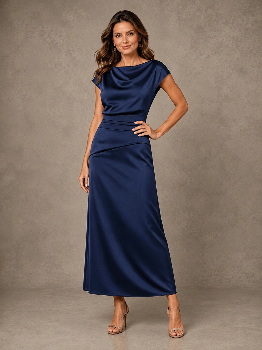 Cowl Neck Satin Mother of the Bride Dress with Ruched Waist