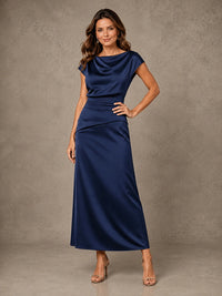 Cowl Neck Satin Mother of the Bride Dress with Ruched Waist