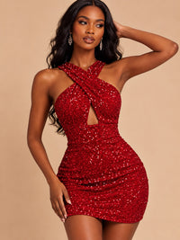 Criss-cross halter neck red sequin mini dress - Jovellee