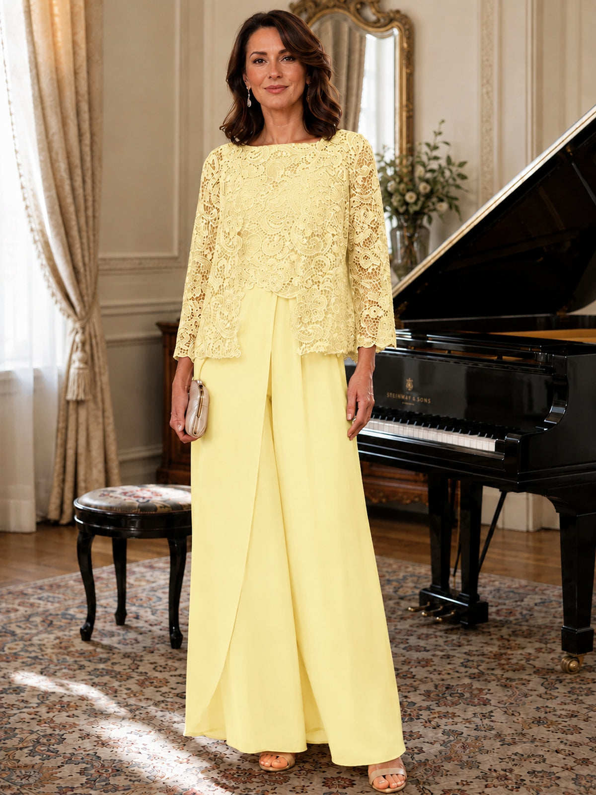 Elegant 3-Piece Chiffon Mother of the Bride Pantsuit with Floral Applique Jacket