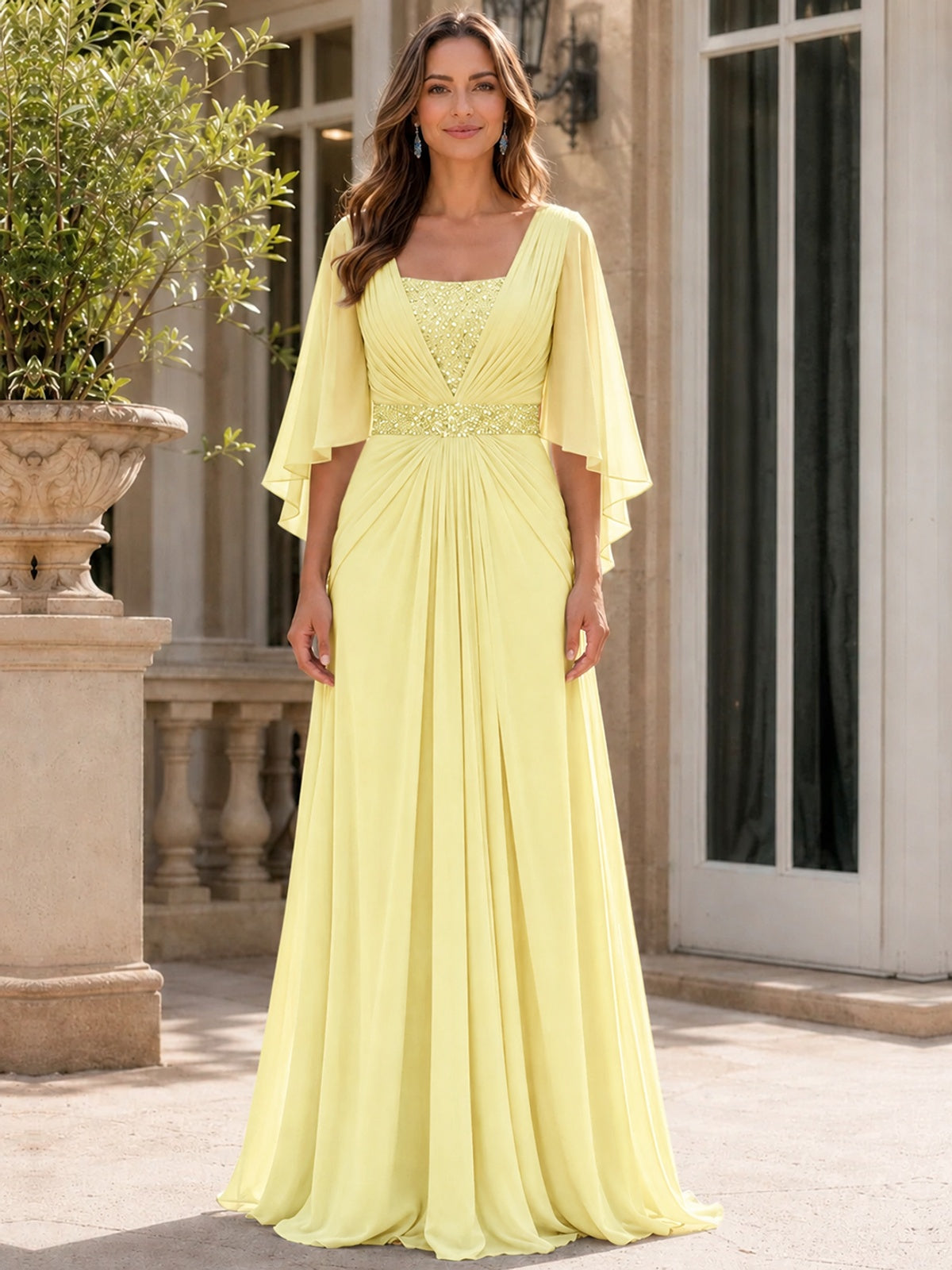 Elegant V-Neck Sequined Chiffon Mother of the Bride Dress with Flutter Sleeves