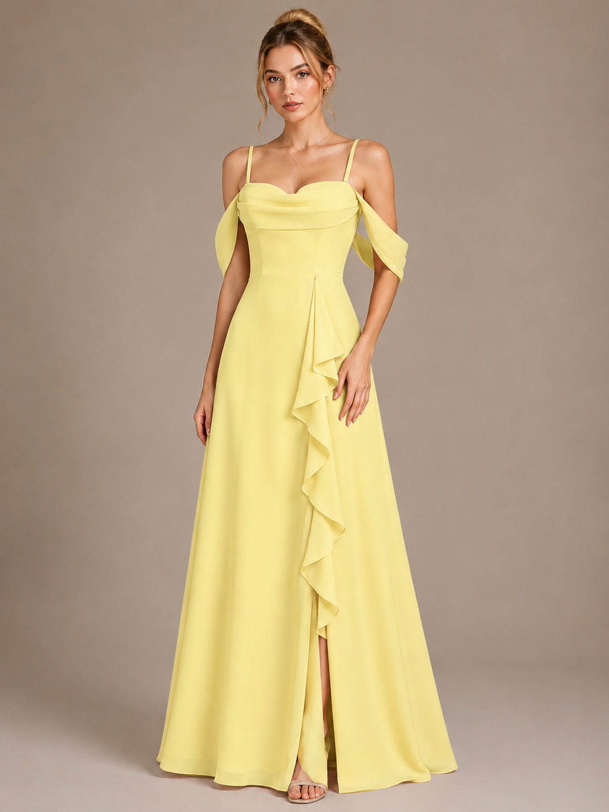 Spaghetti Strap Chiffon Bridesmaid Dress with Ruffles Slit