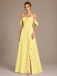 Spaghetti Strap Chiffon Bridesmaid Dress with Ruffles Slit