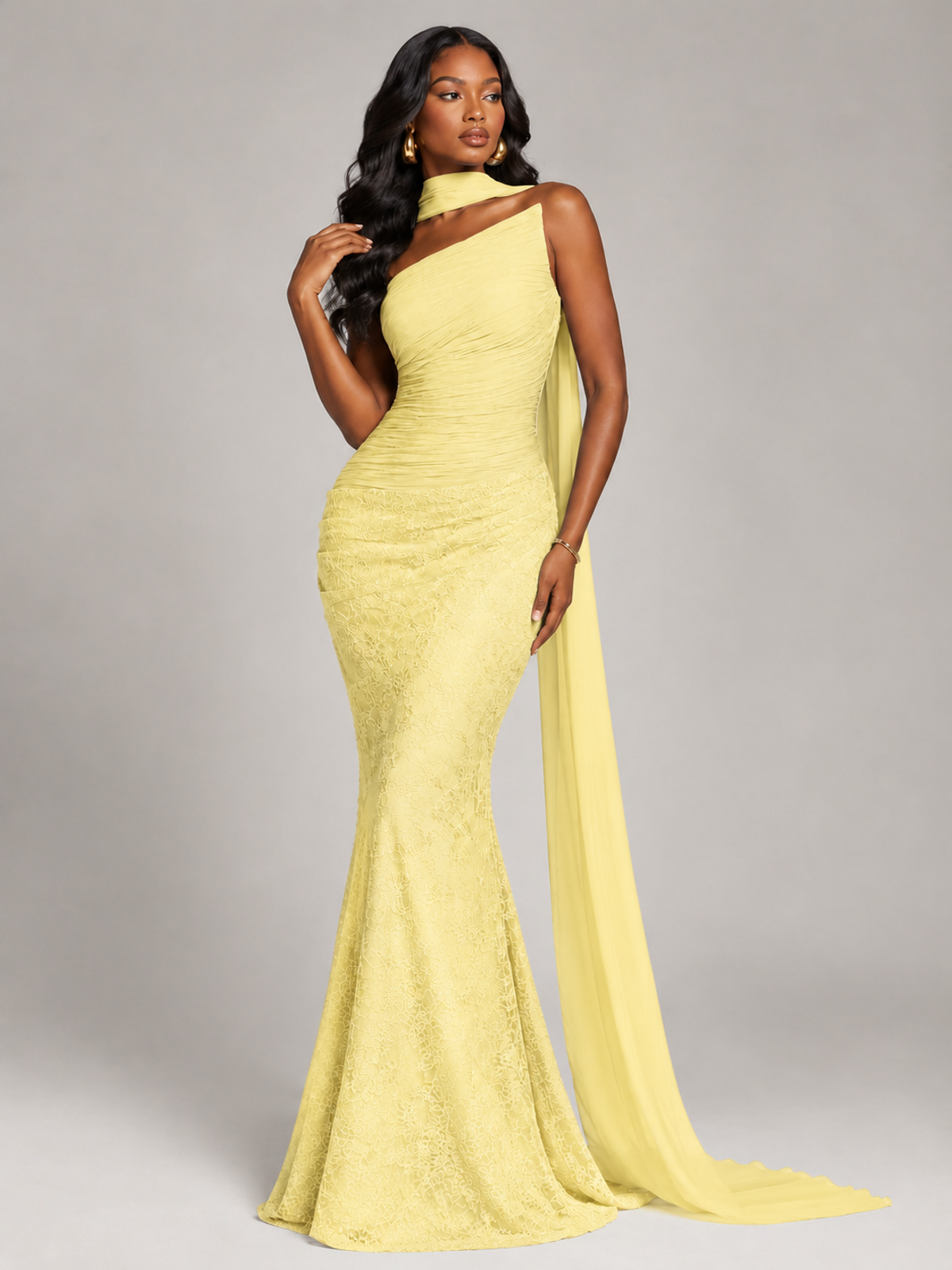 Pleated Chiffon Lace Prom Dresses Long Bodycon Mermaid with Scarf