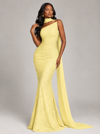 Pleated Chiffon Lace Prom Dresses Long Bodycon Mermaid with Scarf