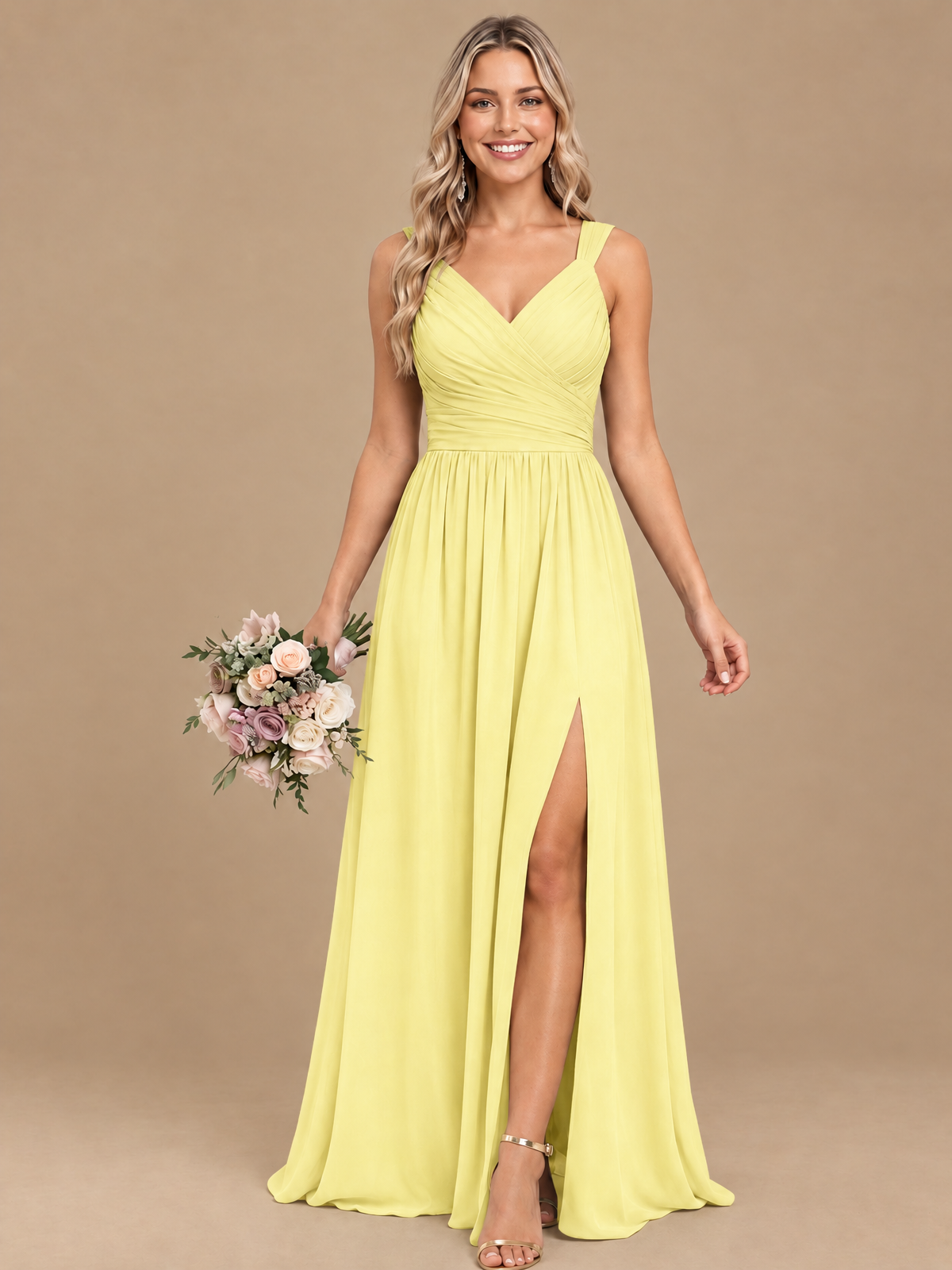 Pleated Chiffon V Neck Wedding Bridesmaid Dresses Floor Length with Slit