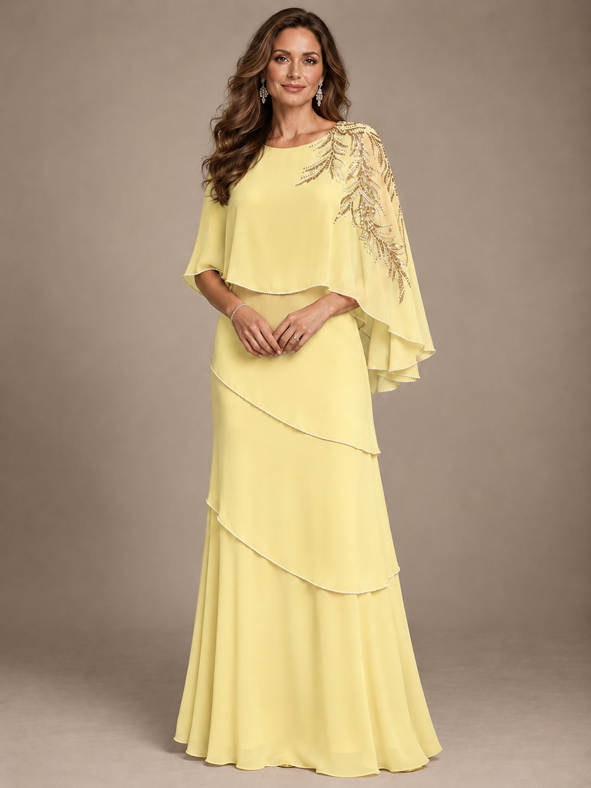 Elegant Chiffon Cape Sleeve Beaded Mother of the Bride Dress