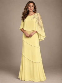 Elegant Chiffon Cape Sleeve Beaded Mother of the Bride Dress