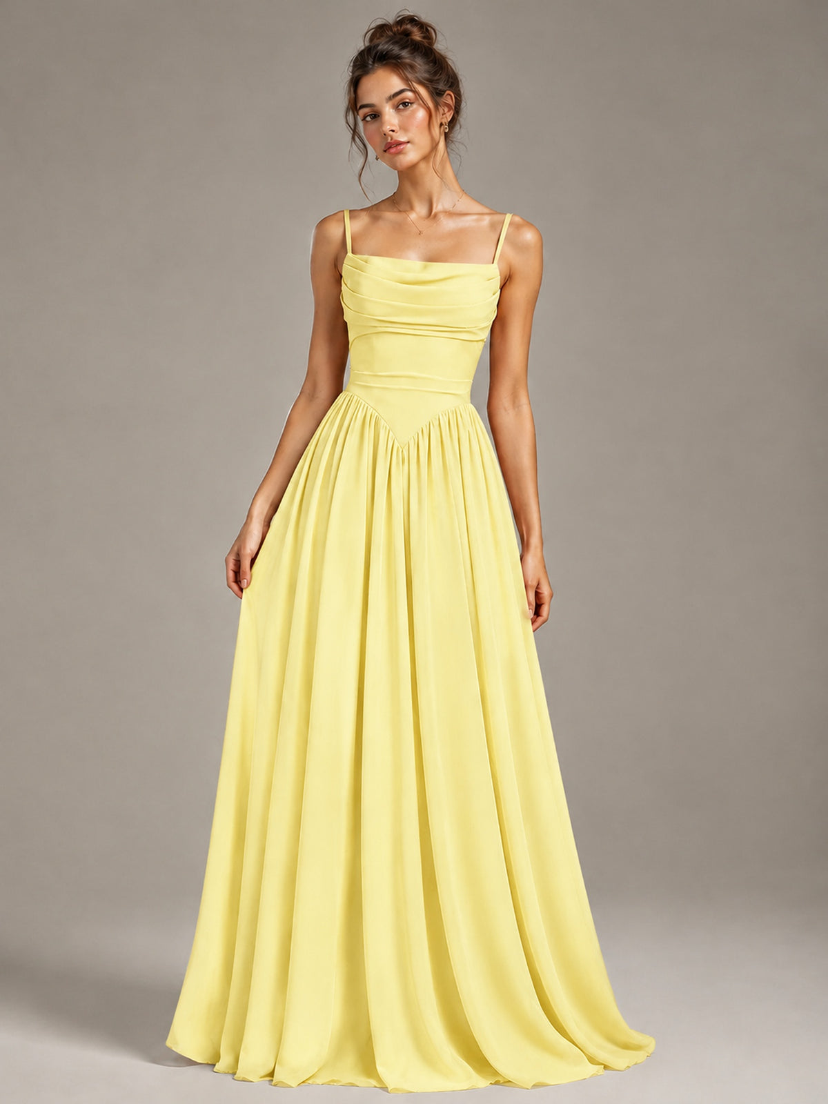 Spaghetti Strap Ruched Chiffon Maxi Dress with Backless