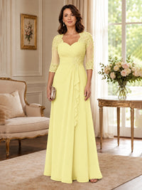 Chiffon Lace Applique Mother of the Bride Dress with 3/4 Sleeves