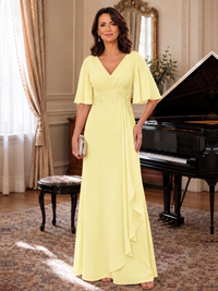 Daffodil V-Neck Chiffon Lace Mother of the Bride Dresses with Flutter Sleeve A-line Long Ruffled Evening Formal Wedding Guest Gown