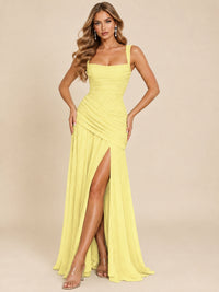 Wrap Pleated Prom Dress Scoop Neck with Slit Women Wedding Formal Dress