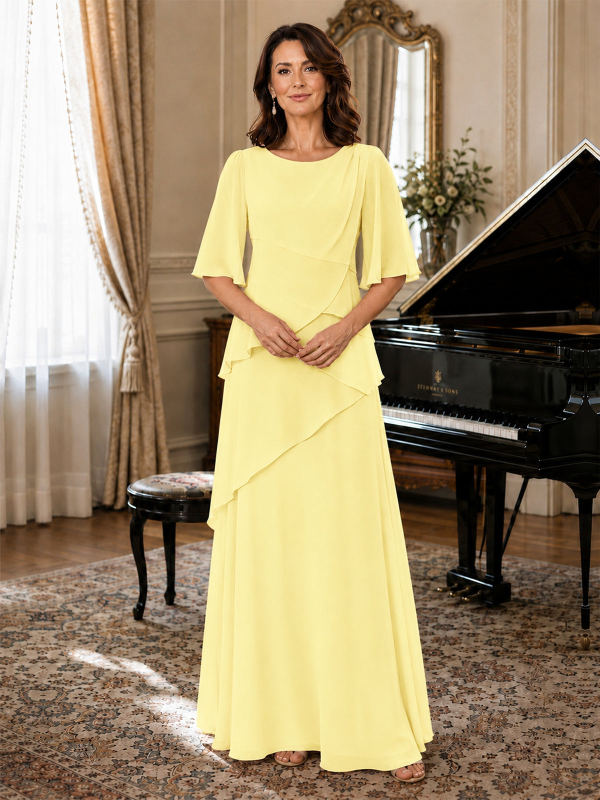 Asymmetric Draped Chiffon Mother of the Bride Dress with Flutter Sleeves