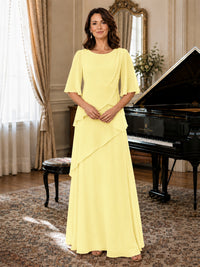 Asymmetric Draped Chiffon Mother of the Bride Dress with Flutter Sleeves