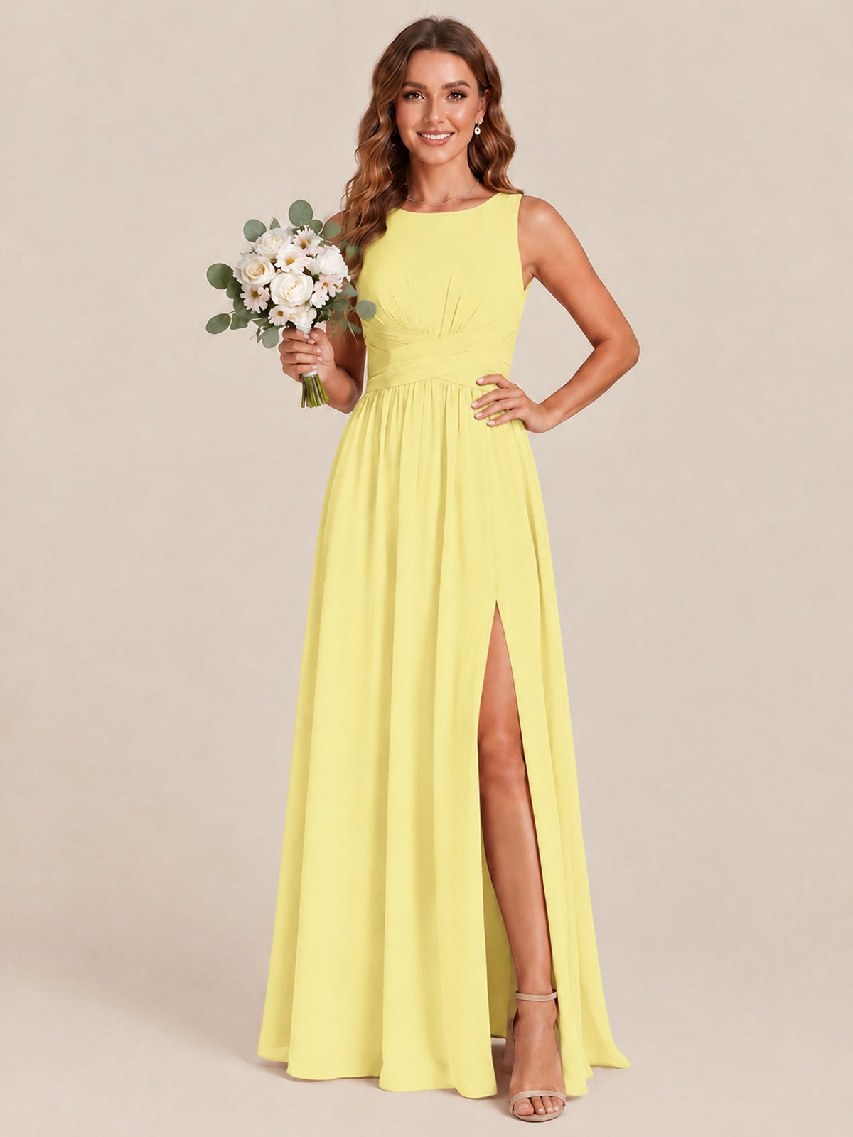 A-line Sleeveless Rucehd Chiffon Bridesmaid Dress with High Slit