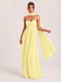 Daffodil Strapless Ruched Chiffon Long Prom Dress with Scarf A-line Sweetheart Ruffled Formal Wedding Guest Dress Evening Gown