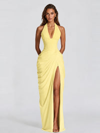 Ruched Halter Neck High-Slit Prom & Evening Dress
