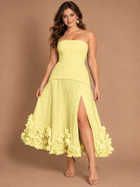 Navy Blue Strapless Pleated A-Line Midi Dress with 3D Floral Applique