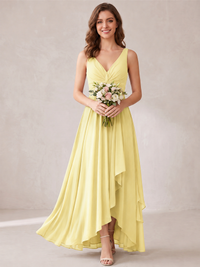 V-Neck High-Low Chiffon Bridesmaid Dress with Ruffles