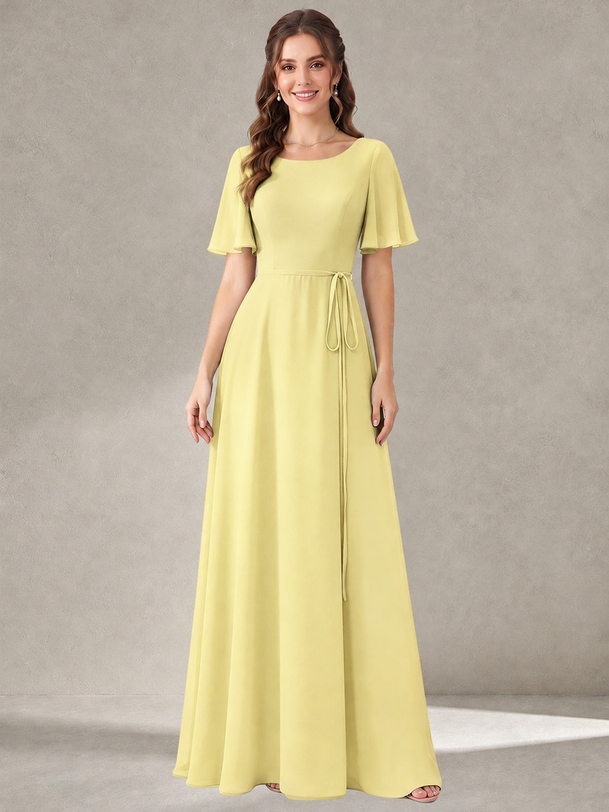 Daffodil Scoop Neck A-line Chiffon Bridesmaid Dress with Belt Flutter Sleeve Formal Wedding Guest Dress Evening Gown