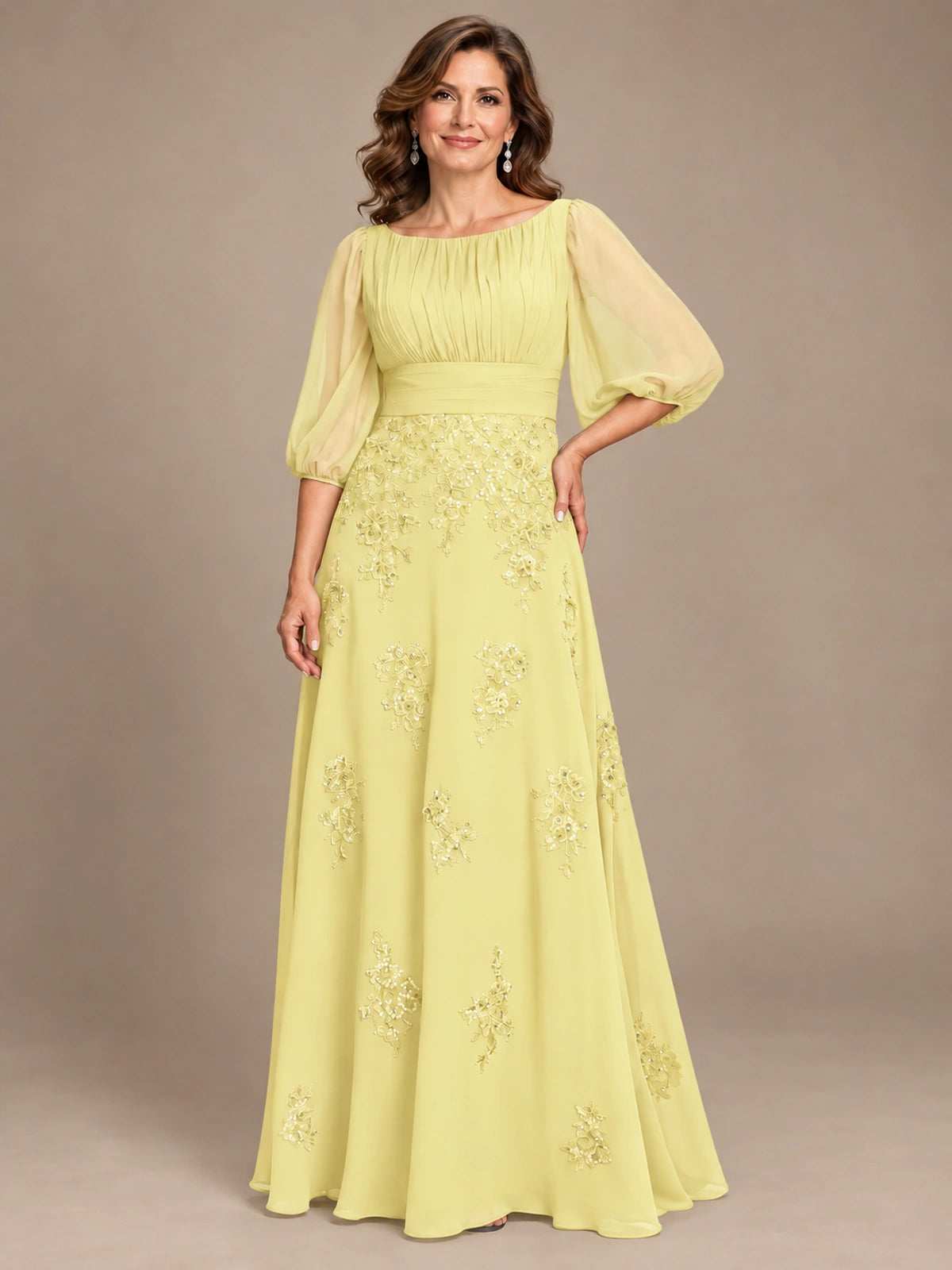 A-Line Mother of the Bride Dress with Sheer Puff Sleeves