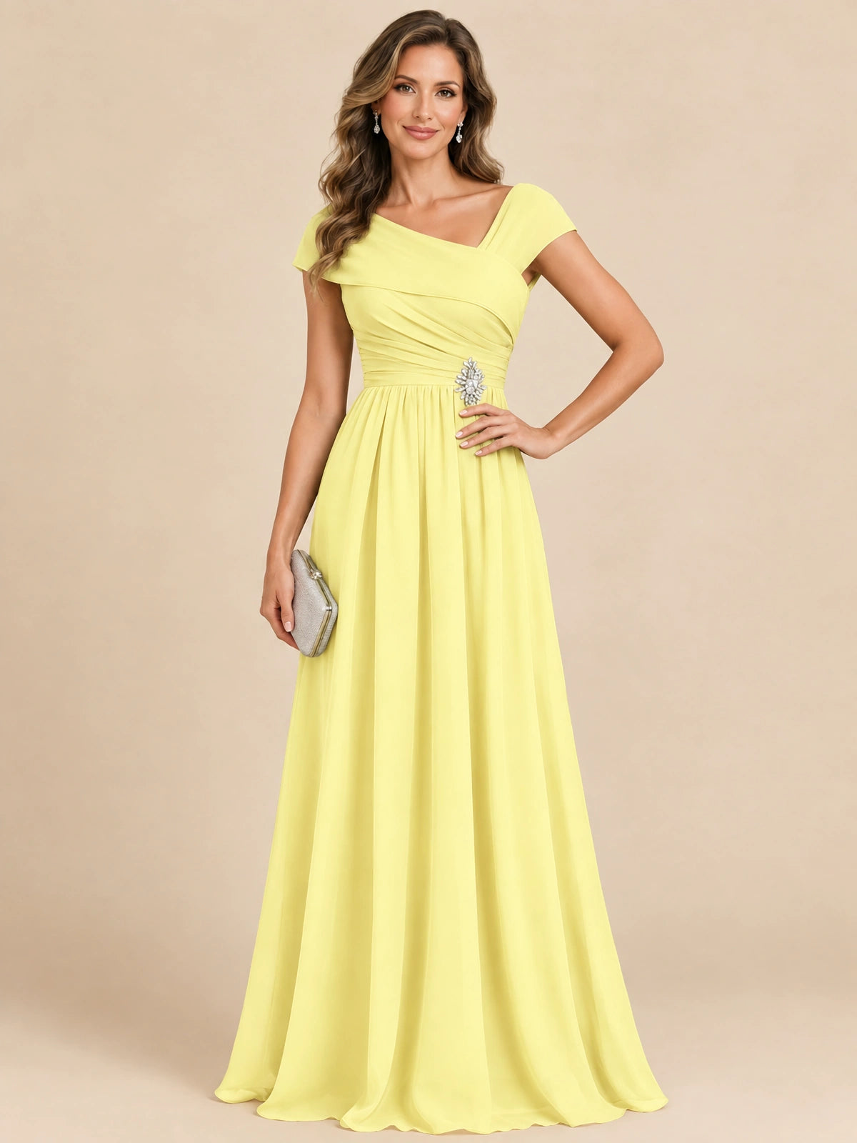 Cap Sleeve Mother of The Bride Dresses Long Chiffon Formal Gowns
