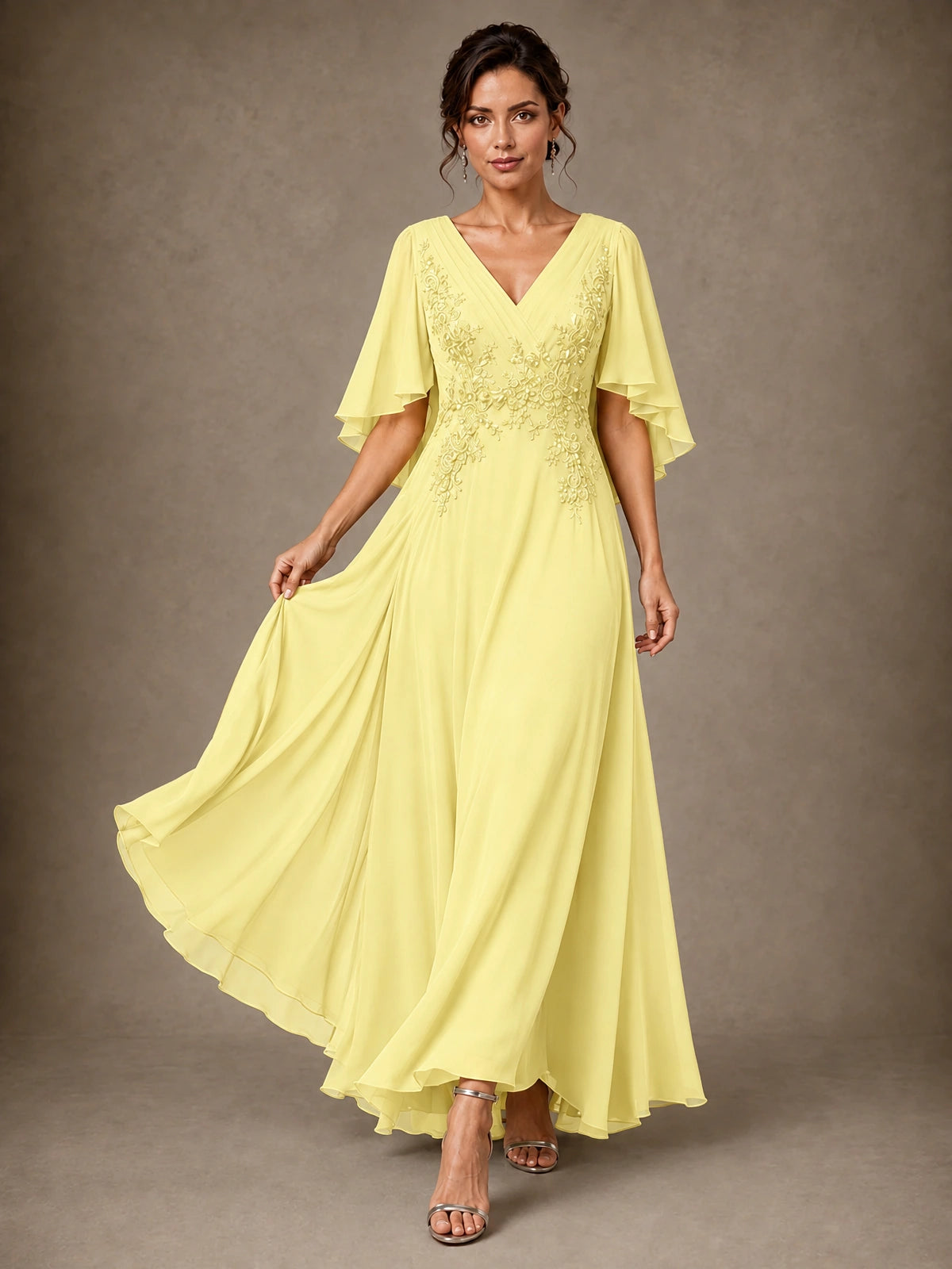 V-Neck Chiffon Lace Mother of the Bride Dress with Flutter Sleeves