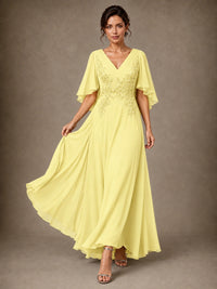 V-Neck Chiffon Lace Mother of the Bride Dress with Flutter Sleeves
