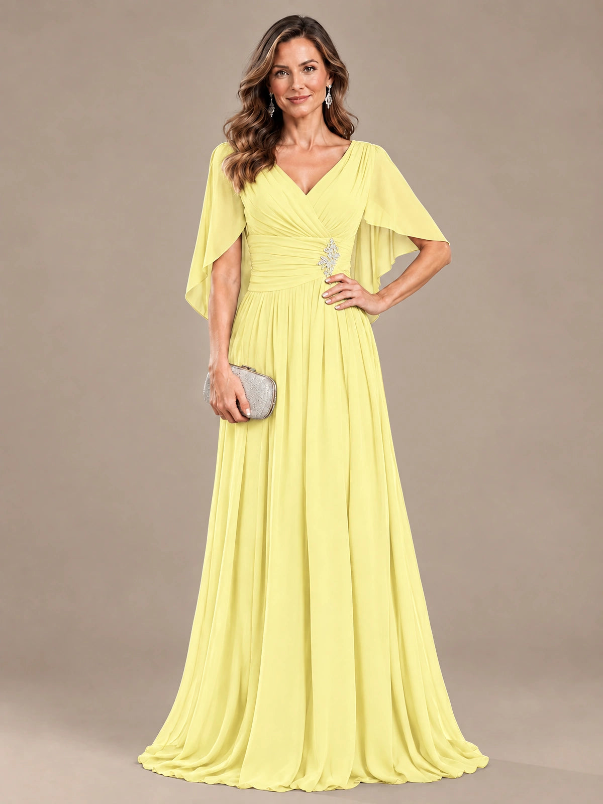 Ruched V Neck Mother of The Bride Dresses with Shawls Appliques and Cap Sleeves