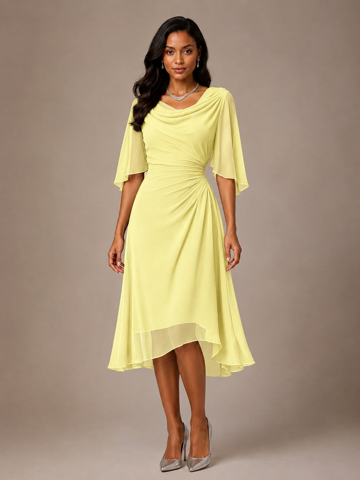 Cowl Neck Ruched Chiffon Mother of the Bride Dresses with Flutter Sleeves