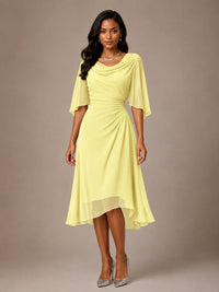 Cowl Neck Ruched Chiffon Mother of the Bride Dresses with Flutter Sleeves