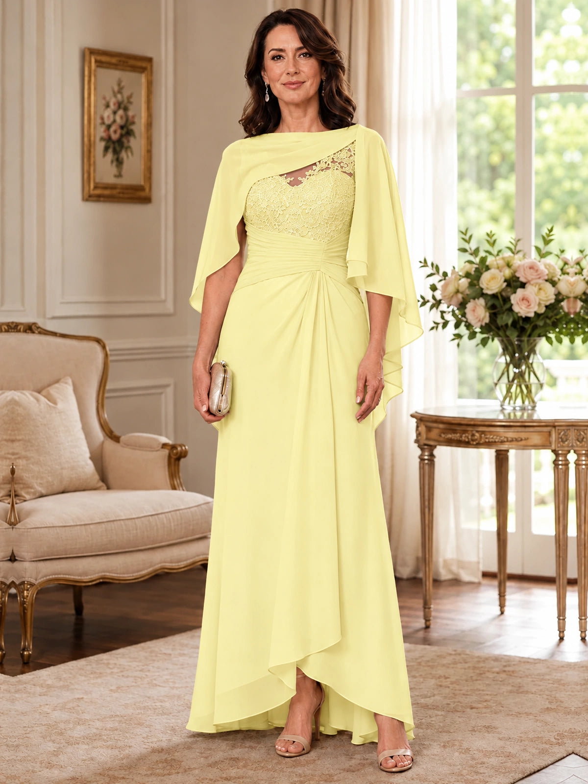 Elegant Chiffon Mother of the Bride Dress with Lace Applique and Cape Sleeves